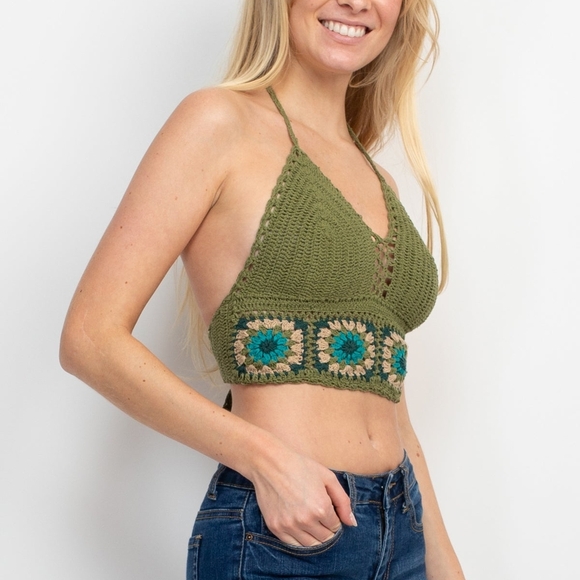 Lakhays Tops - Vtg Crochet Crop Top Womens Bralette Adjustable Hippie Festival Boho Green Flora